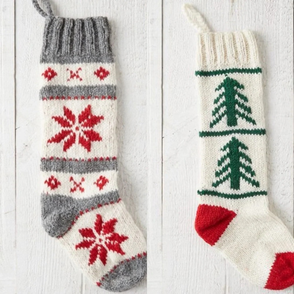 Anthropologie woolen Christmas tree and snow flake hand knit Napal stockings (2)